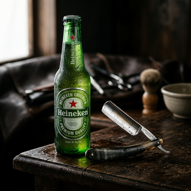 Cerveja Heineken gelada e navalha de barbeiro
